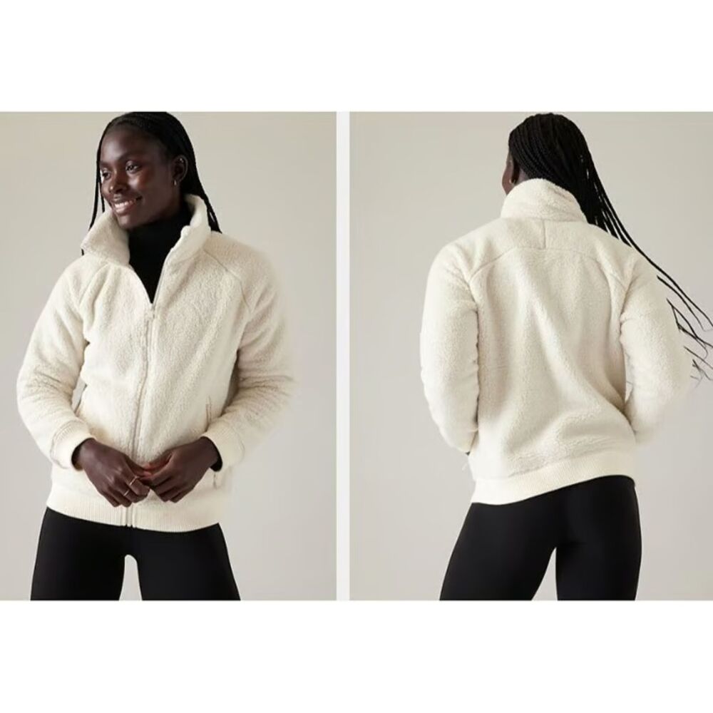 Athleta Tugga Jacket Sherpa Full Zip Cream Ivory Medium Cozy Pockets 860111 129